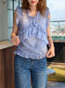 Blue Stripes Flutter Ruffles Sleeveless Drape Cotton Top