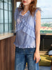 Blue Stripes Flutter Ruffles Sleeveless Drape Cotton Top