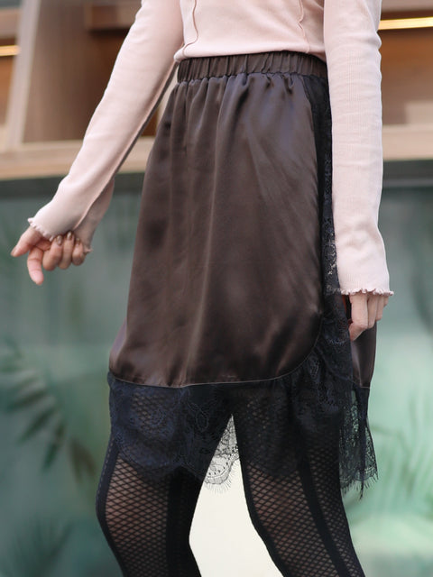 Mocha Brown Satin Lace-Trim Elastic Waist Party Skirt