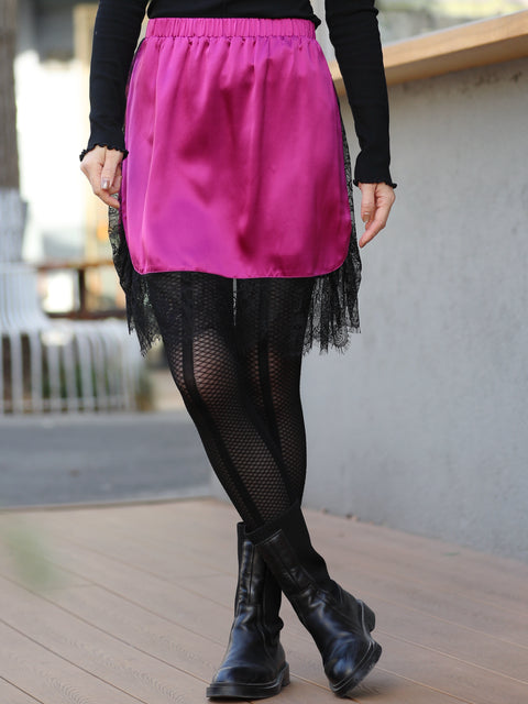 Vivid Fuchsia Satin Lace-Trim Elastic Waist Party Skirt