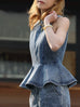 Washed Denim Structured Cut-In Shoulder Peplum Tank