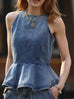 Washed Denim Structured Cut-In Shoulder Peplum Tank