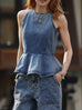 Washed Denim Structured Cut-In Shoulder Peplum Tank