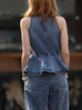 Washed Denim Structured Cut-In Shoulder Peplum Tank