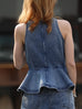 Washed Denim Structured Cut-In Shoulder Peplum Tank