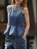 Washed Denim Structured Cut-In Shoulder Peplum Tank