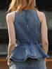 Washed Denim Structured Cut-In Shoulder Peplum Tank