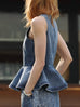 Washed Denim Structured Cut-In Shoulder Peplum Tank