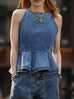 Washed Denim Structured Cut-In Shoulder Peplum Tank