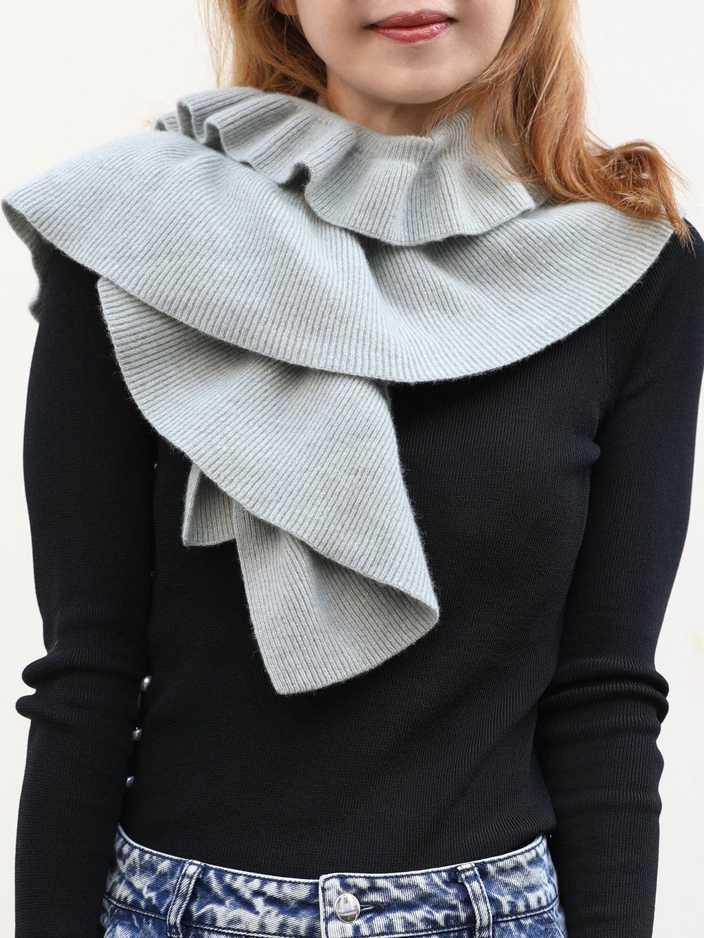 Greyish Green Luxe Cashmere Ruffle Collar Wrap