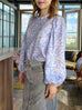 Lilac Paisley Ruffle Collar Balloon Sleeve Pure Silk Blouse