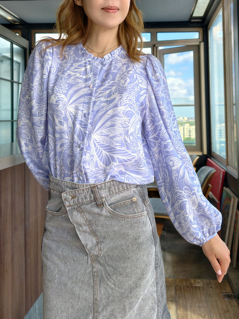 Lilac Paisley Ruffle Collar Balloon Sleeve Pure Silk Blouse