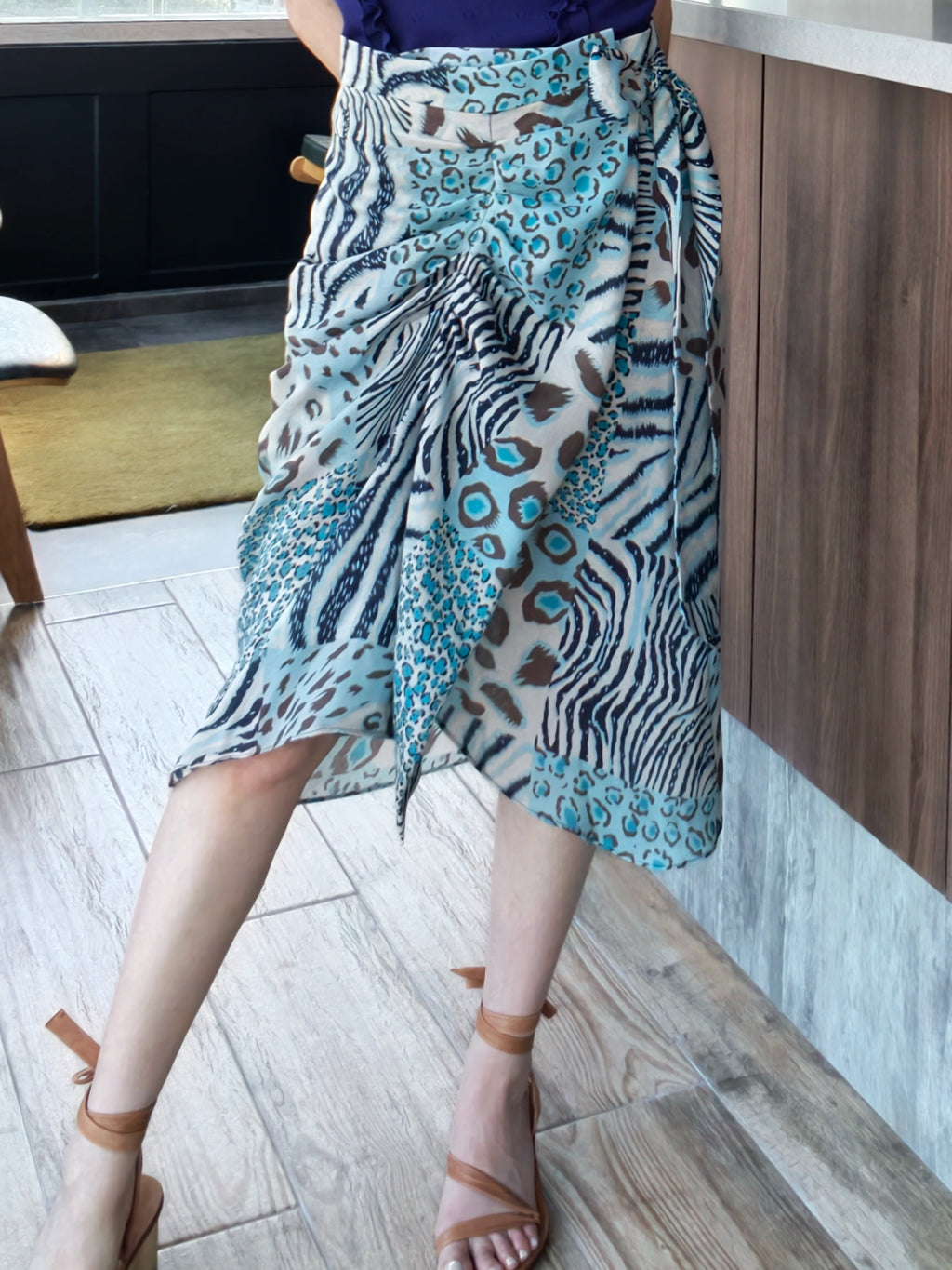 New Colour! Blue Mixed Animal Print Ruffle Hem Wrap Midi Skirt