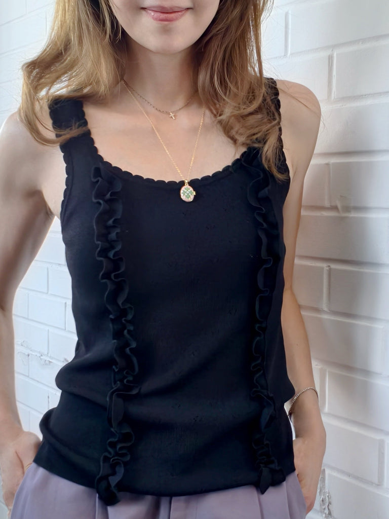 Black Pointelle Ruffle Trim Knitted Camisole Top