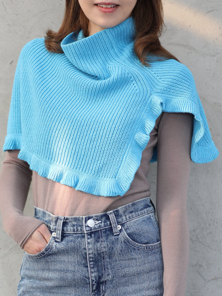 New colour! Bright Blue Ruffle Trims High Neck Knitted Cape Warmer