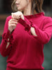 Wine Red Ruffle Trim Button Cuff Cashmere Wool Knit Jumper