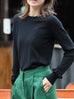 Classic Black Ruffle Trim Button Cuff Cashmere Wool Knit Jumper