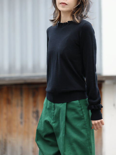 Classic Black Ruffle Trim Button Cuff Cashmere Wool Knit Jumper