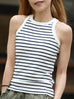 White Navy Stripe Ribbed High Neck Cotton Tank Top