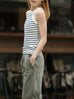 White Navy Stripe Ribbed High Neck Cotton Tank Top