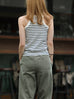 White Navy Stripe Ribbed High Neck Cotton Tank Top