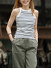 White Navy Stripe Ribbed High Neck Cotton Tank Top