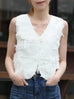 White Textured Fringe V-Neck Button Front Lined Waistcoat