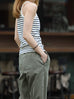 White Navy Stripe Ribbed High Neck Cotton Tank Top