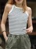 White Navy Stripe Ribbed High Neck Cotton Tank Top