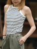 White Navy Stripe Ribbed High Neck Cotton Tank Top