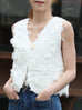 White Textured Fringe V-Neck Button Front Lined Waistcoat