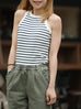 White Navy Stripe Ribbed High Neck Cotton Tank Top
