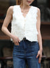 White Textured Fringe V-Neck Button Front Lined Waistcoat