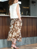 Caramel Abstract Motif Silk Cotton Elastic Waist Flare Skirt