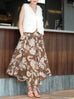 Caramel Abstract Motif Silk Cotton Elastic Waist Flare Skirt