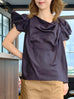 Midnight Navy Elegant Drape Collar Silky Ruffle Blouse