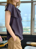 Midnight Navy Elegant Drape Collar Silky Ruffle Blouse