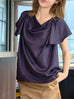 Midnight Navy Elegant Drape Collar Silky Ruffle Blouse