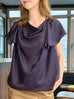 Midnight Navy Elegant Drape Collar Silky Ruffle Blouse