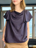 Midnight Navy Elegant Drape Collar Silky Ruffle Blouse