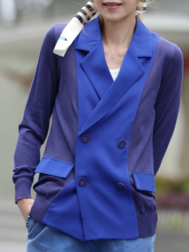 Final Sale! Blue Lightweight Chiffon-Knit Contrast Blazer Cardigan