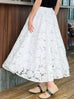 White Floral Embroidered Mesh Elastic Waist Midi Skirt