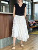 White Floral Embroidered Mesh Elastic Waist Midi Skirt