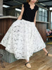 White Floral Embroidered Mesh Elastic Waist Midi Skirt
