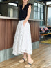 White Floral Embroidered Mesh Elastic Waist Midi Skirt