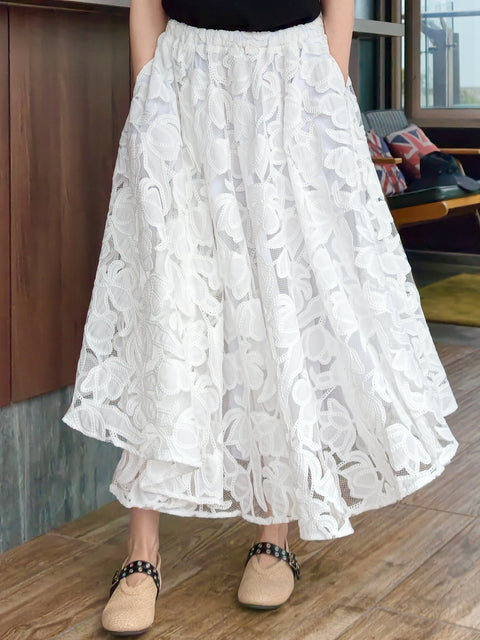 White Floral Embroidered Mesh Elastic Waist Midi Skirt