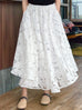 White Floral Embroidered Mesh Elastic Waist Midi Skirt