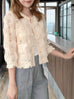 Ivory Textured Woven Pattern Mesh Square Lace Slim Fit Jacket