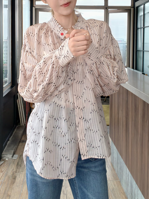 Blush Pink Striped Knot Detail Balloon Sleeve Longline Blouse