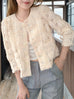 Ivory Textured Woven Pattern Mesh Square Lace Slim Fit Jacket